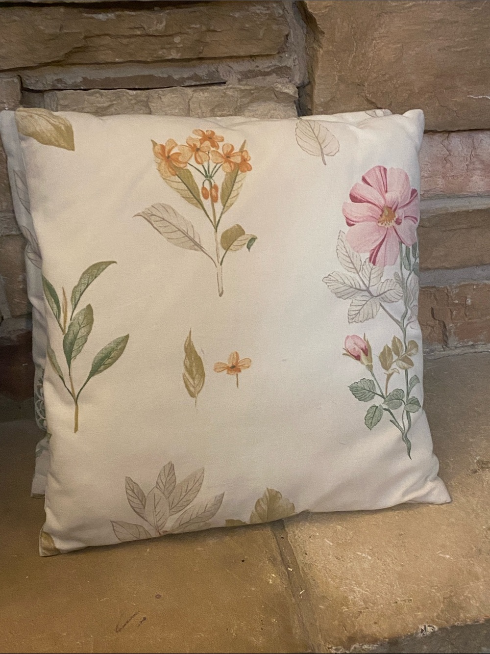 Longaberger Floral Cream Decorative Throw Pillow with Pink & Green Accents